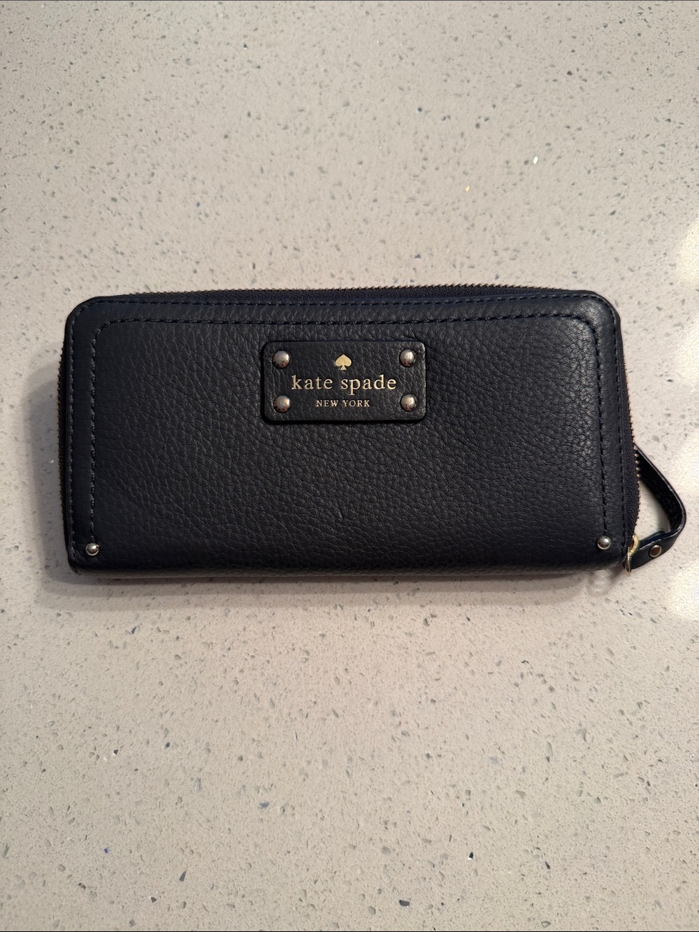 kate spade Black Leather Zip Wallet with Gold Logo Plate